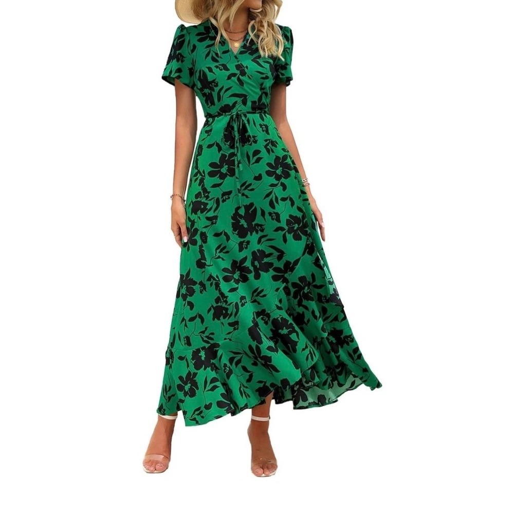 PrettyGarden Boho Green Floral Wrap Maxi Dress Wedding guest Ruffle Large NWT - Picture 7 of 9